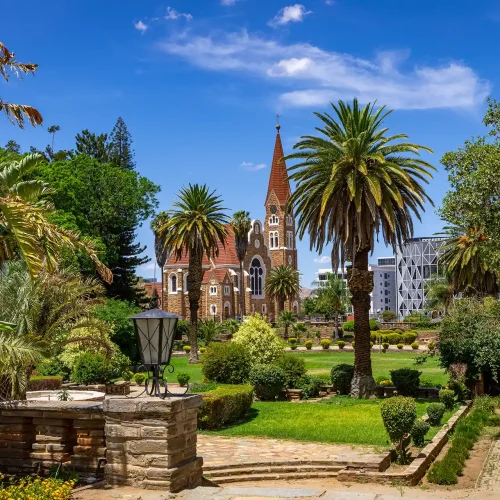 Windhoek, Namibia. Christ Church or Christuskirche and Parliament Gardens in Windhoek