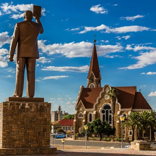 Monument to the first Namibian president and the Lutheran Church of Christ in the centre of Windhoek