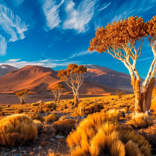 Quiver trees in the desert, blue sky, white clouds